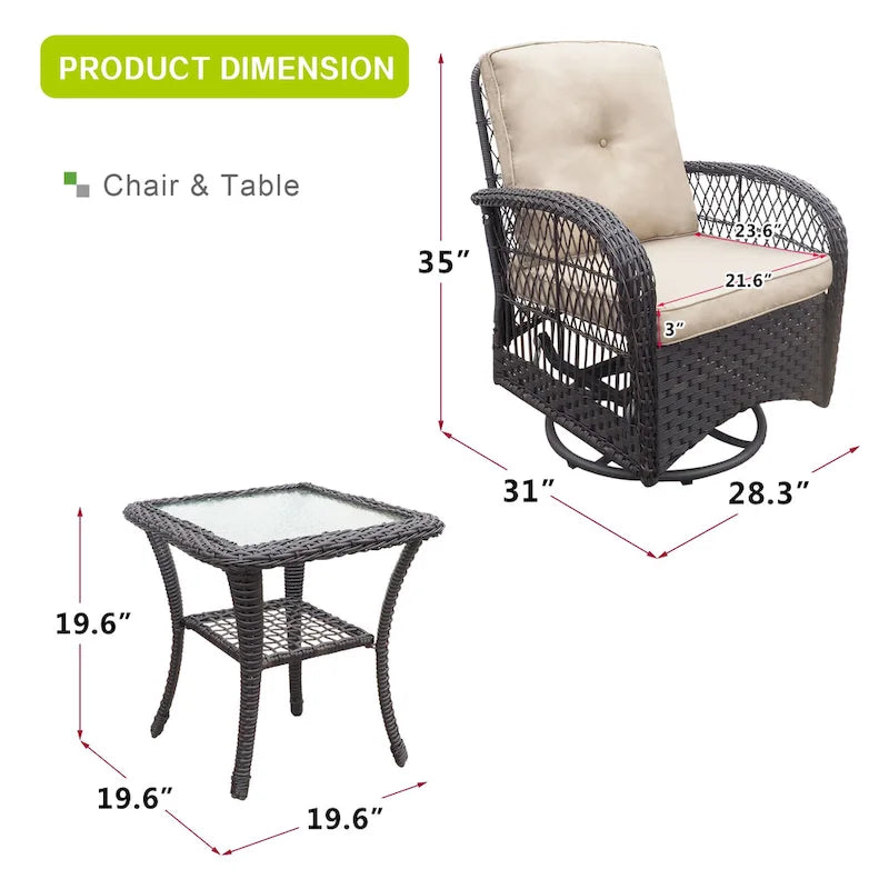 3 Pieces Conversation Set with Swivel Chair and Glass Top Side Table